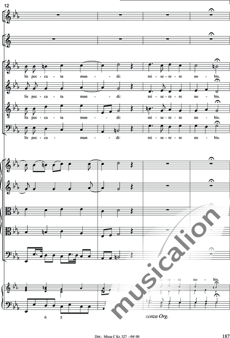 Dittersdorf, Karl Ditters von: "Solemn Mass" in C - Solo>sop/alt/ten/bass+Choir>SATB+Oboe 2+Bassoon+Hn2+[Org+Cnt]+[Vln2+Vla2+Vlc+Db]:187