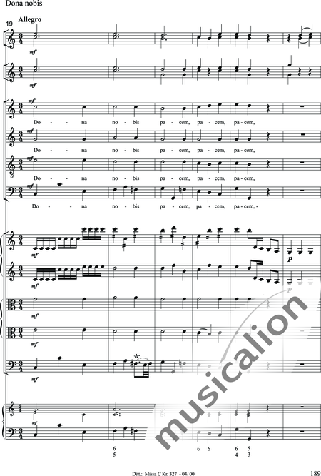 Dittersdorf, Karl Ditters von: "Solemn Mass" in C - Solo>sop/alt/ten/bass+Choir>SATB+Oboe 2+Bassoon+Hn2+[Org+Cnt]+[Vln2+Vla2+Vlc+Db]:189