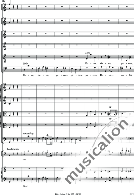 Dittersdorf, Karl Ditters von: "Solemn Mass" in C - Solo>sop/alt/ten/bass+Choir>SATB+Oboe 2+Bassoon+Hn2+[Org+Cnt]+[Vln2+Vla2+Vlc+Db]:191