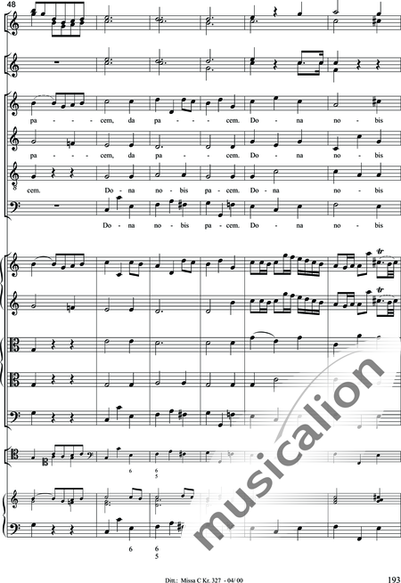 Dittersdorf, Karl Ditters von: "Solemn Mass" in C - Solo>sop/alt/ten/bass+Choir>SATB+Oboe 2+Bassoon+Hn2+[Org+Cnt]+[Vln2+Vla2+Vlc+Db]:193