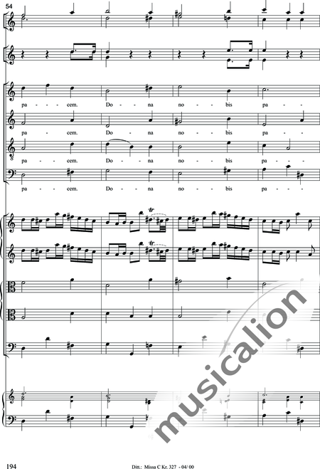 Dittersdorf, Karl Ditters von: "Solemn Mass" in C - Solo>sop/alt/ten/bass+Choir>SATB+Oboe 2+Bassoon+Hn2+[Org+Cnt]+[Vln2+Vla2+Vlc+Db]:194
