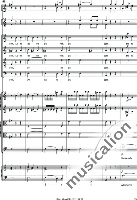 Dittersdorf, Karl Ditters von: "Solemn Mass" in C - Solo>sop/alt/ten/bass+Choir>SATB+Oboe 2+Bassoon+Hn2+[Org+Cnt]+[Vln2+Vla2+Vlc+Db]:195