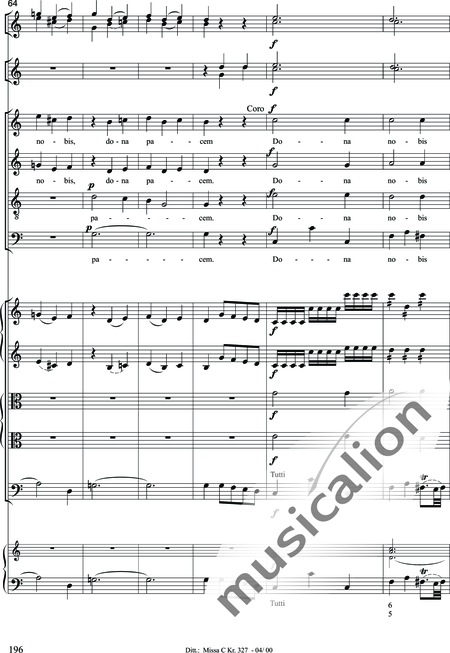Dittersdorf, Karl Ditters von: "Solemn Mass" in C - Solo>sop/alt/ten/bass+Choir>SATB+Oboe 2+Bassoon+Hn2+[Org+Cnt]+[Vln2+Vla2+Vlc+Db]:196