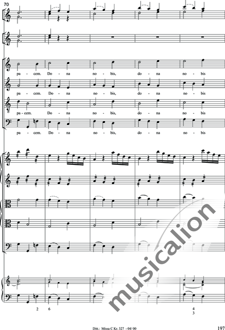 Dittersdorf, Karl Ditters von: "Solemn Mass" in C - Solo>sop/alt/ten/bass+Choir>SATB+Oboe 2+Bassoon+Hn2+[Org+Cnt]+[Vln2+Vla2+Vlc+Db]:197