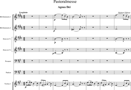 Führer, Robert
: Pastoralmesse A-Dur: Agnus Dei (Pastoral Mass A-major: Agnus Dei) - Solo>sop+Coro>SATB+Clar2+[Cr2+Trb]+Tp+Org+[Vl2+Vla+Cb]:0