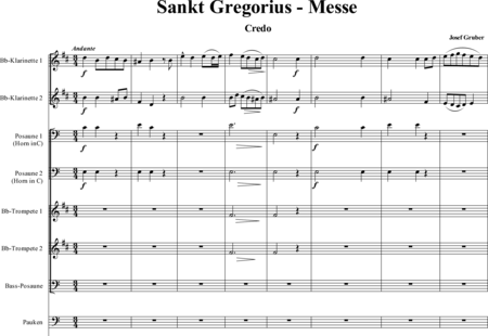 Gruber, Josef: Sankt Gregorius - Messe: Credo - Solo>Sop/Alt/Ten+Chor>SATB+KlarB2+[Pos3+TrpB2]+Pk+Org+[Vl2+Vla+Vc+Kb]:0