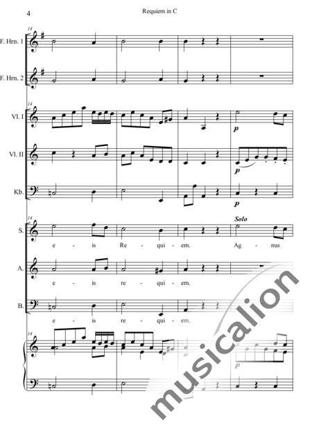 Dreyer, Johann Melchior: Requiem in C: Agnus Dei - Solo>sop+Choir>SAB+HnF2+Org+[Vln2+Db]:4