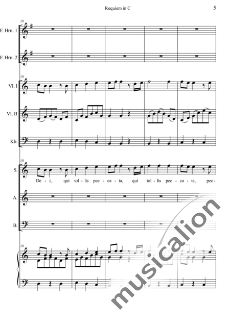 Dreyer, Johann Melchior: Requiem in C: Agnus Dei - Solo>sop+Choir>SAB+HnF2+Org+[Vln2+Db]:5
