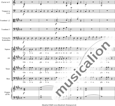 Drobisch, Carl Ludwig: Messe in E: Gloria - Solo>Sop/Alt/Ten/Bass+Chor>SATB+Posaune 2+[Fl2+Ob2+Klar2+Fg2]+[Pos+Hn2]+Pk+Org+[Vl2+Vla+Vc+Kb]:1