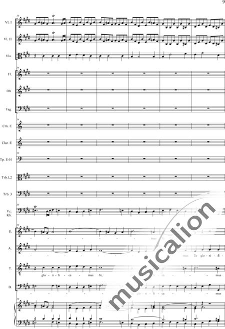Drobisch, Carl Ludwig: Messe in E: Gloria - Solo>Sop/Alt/Ten/Bass+Chor>SATB+Posaune 2+[Fl2+Ob2+Klar2+Fg2]+[Pos+Hn2]+Pk+Org+[Vl2+Vla+Vc+Kb]:9