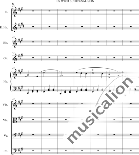 Dominguez Arcos, Alicia: Es wird Schicksal sein - Violín+Viola+Violoncello+Contrabajo+Flauta+Corno inglés+Arpa+Guirarra+|otro instrumento:8