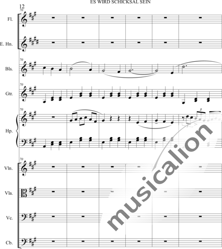 Dominguez Arcos, Alicia: Es wird Schicksal sein - Violín+Viola+Violoncello+Contrabajo+Flauta+Corno inglés+Arpa+Guirarra+|otro instrumento:12
