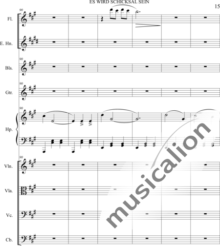 Dominguez Arcos, Alicia: Es wird Schicksal sein - Violín+Viola+Violoncello+Contrabajo+Flauta+Corno inglés+Arpa+Guirarra+|otro instrumento:15