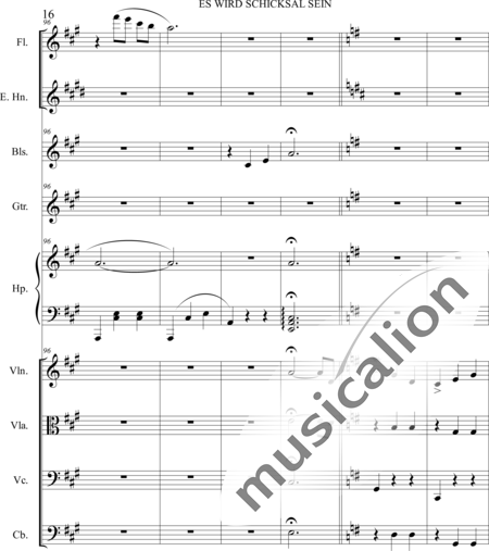 Dominguez Arcos, Alicia: Es wird Schicksal sein - Violín+Viola+Violoncello+Contrabajo+Flauta+Corno inglés+Arpa+Guirarra+|otro instrumento:16