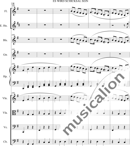 Dominguez Arcos, Alicia: Es wird Schicksal sein - Violín+Viola+Violoncello+Contrabajo+Flauta+Corno inglés+Arpa+Guirarra+|otro instrumento:18