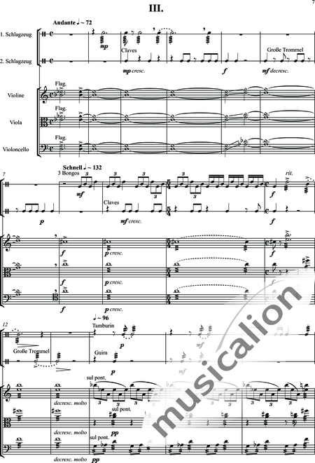 Zeumer, Gerhard: Four characters for flute, 2 percussionists and string trio - Violín+Viola+Violoncello+Flauta+Percusión 2:7