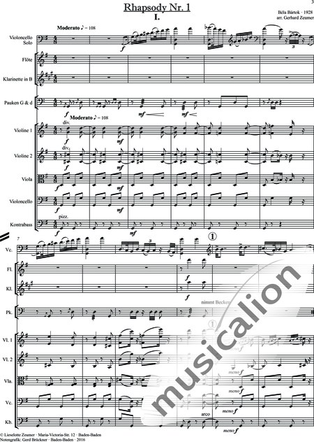 Bartók, Béla: Rhapsody Nr. 1 - Violoncello 2+[Fl+Klar]+Pk+[Vl2+Vla+Kb]:3