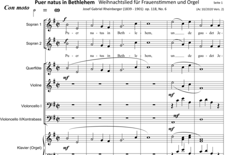 Rheinberger, Josef Gabriel: Puer natus in Bethlehem - Solo>Sop/Alt+Flöte+Kl+[Vl+Vc+Kb]:0