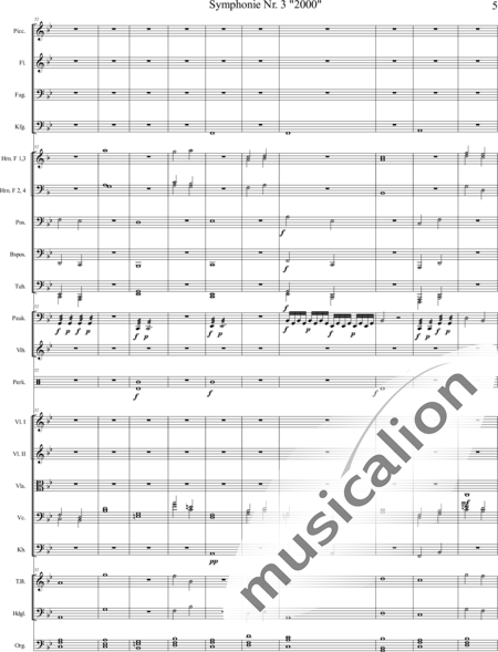 Mücher, Alwin: Symphonie Nr. 3 "2000", 5. Satz: "Es ist so weit!" - Orgel+Vibraphon+[HnF4+Pos3]+[Fl3]+[Vl2]+[Fg2]+[Px2]+[Tb2]+[Vla+Vc+Kb]+[Pk]+|aI:5