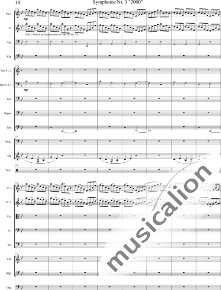 Mücher, Alwin: Symphonie Nr. 3 "2000", 5. Satz: "Es ist so weit!" - Orgel+Vibraphon+[HnF4+Pos3]+[Fl3]+[Vl2]+[Fg2]+[Px2]+[Tb2]+[Vla+Vc+Kb]+[Pk]+|aI:14