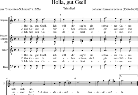 Schein, Johann Hermann: Holla, gut Gsell (Trinklied) - Chor>SSATB:0