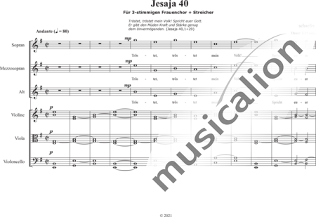 Schäfer, Martina: Isaiah 40 for female choir (Give comfort, give comfort, to my people) - Choir>SSA+[Vln+Vla+Vlc]:0