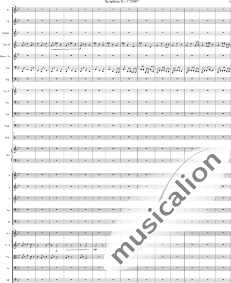 Mücher, Alwin: Sinfonie Nr. 3 "2000", 3. Satz: Tod ist der Ausweg - Chor>SATB+[Vl2]+[Fl+Ehn]+[Pk]+[Tb]+[Px]+Hf+[Ob+SxEs]+[Pos+TrpB]+[Fg]+[Kb+Vc+Vla]+[Klar]:3