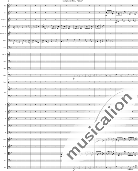 Mücher, Alwin: Sinfonie Nr. 3 "2000", 3. Satz: Tod ist der Ausweg - Chor>SATB+[Vl2]+[Fl+Ehn]+[Pk]+[Tb]+[Px]+Hf+[Ob+SxEs]+[Pos+TrpB]+[Fg]+[Kb+Vc+Vla]+[Klar]:4