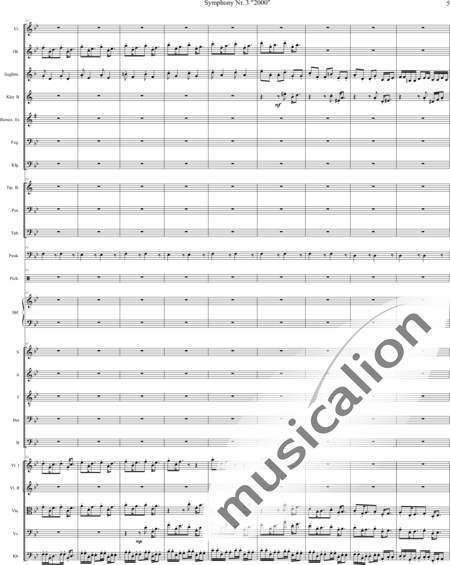 Mücher, Alwin: Sinfonie Nr. 3 "2000", 3. Satz: Tod ist der Ausweg - Chor>SATB+[Vl2]+[Fl+Ehn]+[Pk]+[Tb]+[Px]+Hf+[Ob+SxEs]+[Pos+TrpB]+[Fg]+[Kb+Vc+Vla]+[Klar]:5