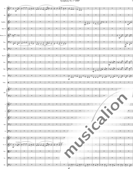 Mücher, Alwin: Sinfonie Nr. 3 "2000", 3. Satz: Tod ist der Ausweg - Chor>SATB+[Vl2]+[Fl+Ehn]+[Pk]+[Tb]+[Px]+Hf+[Ob+SxEs]+[Pos+TrpB]+[Fg]+[Kb+Vc+Vla]+[Klar]:7