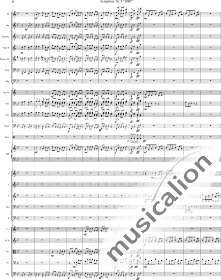 Mücher, Alwin: Sinfonie Nr. 3 "2000", 3. Satz: Tod ist der Ausweg - Chor>SATB+[Vl2]+[Fl+Ehn]+[Pk]+[Tb]+[Px]+Hf+[Ob+SxEs]+[Pos+TrpB]+[Fg]+[Kb+Vc+Vla]+[Klar]:8