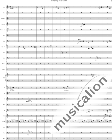Mücher, Alwin: Sinfonie Nr. 3 "2000", 3. Satz: Tod ist der Ausweg - Chor>SATB+[Vl2]+[Fl+Ehn]+[Pk]+[Tb]+[Px]+Hf+[Ob+SxEs]+[Pos+TrpB]+[Fg]+[Kb+Vc+Vla]+[Klar]:9