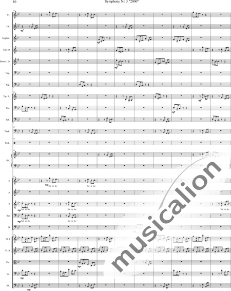 Mücher, Alwin: Sinfonie Nr. 3 "2000", 3. Satz: Tod ist der Ausweg - Chor>SATB+[Vl2]+[Fl+Ehn]+[Pk]+[Tb]+[Px]+Hf+[Ob+SxEs]+[Pos+TrpB]+[Fg]+[Kb+Vc+Vla]+[Klar]:10