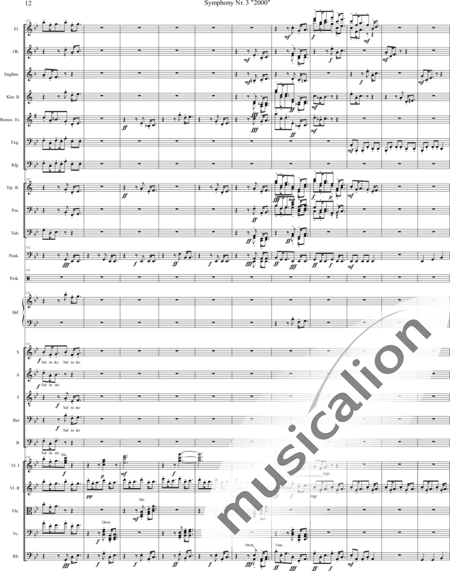 Mücher, Alwin: Sinfonie Nr. 3 "2000", 3. Satz: Tod ist der Ausweg - Chor>SATB+[Vl2]+[Fl+Ehn]+[Pk]+[Tb]+[Px]+Hf+[Ob+SxEs]+[Pos+TrpB]+[Fg]+[Kb+Vc+Vla]+[Klar]:12
