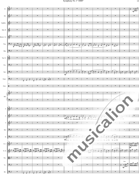 Mücher, Alwin: Sinfonie Nr. 3 "2000", 3. Satz: Tod ist der Ausweg - Chor>SATB+[Vl2]+[Fl+Ehn]+[Pk]+[Tb]+[Px]+Hf+[Ob+SxEs]+[Pos+TrpB]+[Fg]+[Kb+Vc+Vla]+[Klar]:13