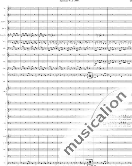 Mücher, Alwin: Sinfonie Nr. 3 "2000", 3. Satz: Tod ist der Ausweg - Chor>SATB+[Vl2]+[Fl+Ehn]+[Pk]+[Tb]+[Px]+Hf+[Ob+SxEs]+[Pos+TrpB]+[Fg]+[Kb+Vc+Vla]+[Klar]:15