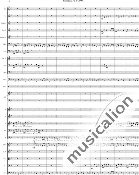 Mücher, Alwin: Sinfonie Nr. 3 "2000", 3. Satz: Tod ist der Ausweg - Chor>SATB+[Vl2]+[Fl+Ehn]+[Pk]+[Tb]+[Px]+Hf+[Ob+SxEs]+[Pos+TrpB]+[Fg]+[Kb+Vc+Vla]+[Klar]:16