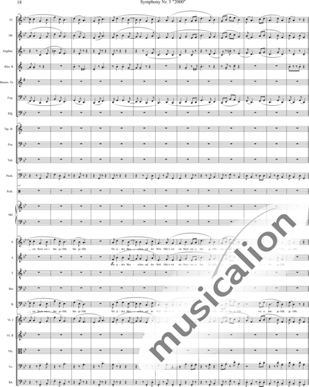 Mücher, Alwin: Sinfonie Nr. 3 "2000", 3. Satz: Tod ist der Ausweg - Chor>SATB+[Vl2]+[Fl+Ehn]+[Pk]+[Tb]+[Px]+Hf+[Ob+SxEs]+[Pos+TrpB]+[Fg]+[Kb+Vc+Vla]+[Klar]:18