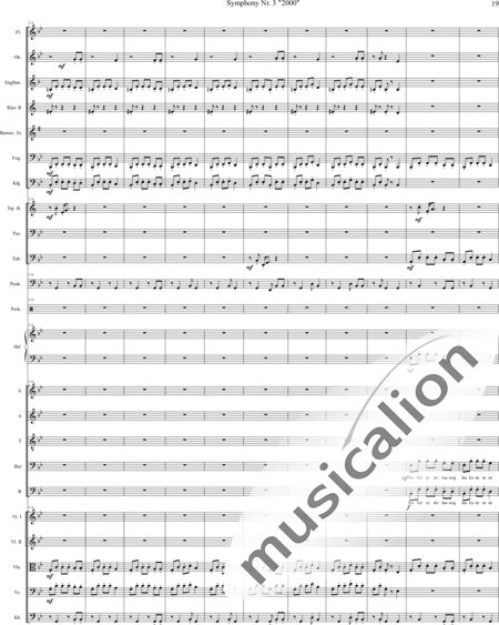 Mücher, Alwin: Sinfonie Nr. 3 "2000", 3. Satz: Tod ist der Ausweg - Chor>SATB+[Vl2]+[Fl+Ehn]+[Pk]+[Tb]+[Px]+Hf+[Ob+SxEs]+[Pos+TrpB]+[Fg]+[Kb+Vc+Vla]+[Klar]:19