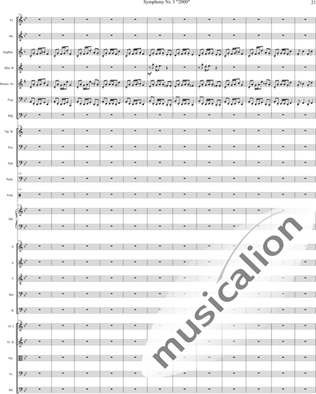Mücher, Alwin: Sinfonie Nr. 3 "2000", 3. Satz: Tod ist der Ausweg - Chor>SATB+[Vl2]+[Fl+Ehn]+[Pk]+[Tb]+[Px]+Hf+[Ob+SxEs]+[Pos+TrpB]+[Fg]+[Kb+Vc+Vla]+[Klar]:21