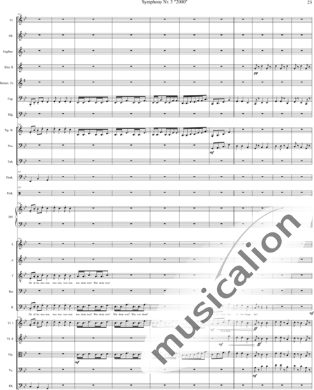 Mücher, Alwin: Sinfonie Nr. 3 "2000", 3. Satz: Tod ist der Ausweg - Chor>SATB+[Vl2]+[Fl+Ehn]+[Pk]+[Tb]+[Px]+Hf+[Ob+SxEs]+[Pos+TrpB]+[Fg]+[Kb+Vc+Vla]+[Klar]:23