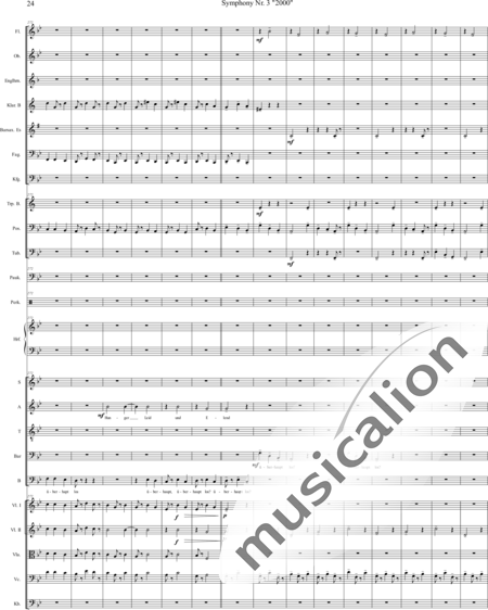Mücher, Alwin: Sinfonie Nr. 3 "2000", 3. Satz: Tod ist der Ausweg - Chor>SATB+[Vl2]+[Fl+Ehn]+[Pk]+[Tb]+[Px]+Hf+[Ob+SxEs]+[Pos+TrpB]+[Fg]+[Kb+Vc+Vla]+[Klar]:24