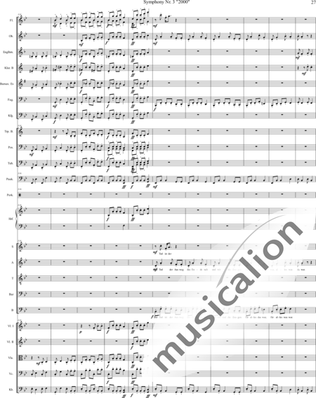 Mücher, Alwin: Sinfonie Nr. 3 "2000", 3. Satz: Tod ist der Ausweg - Chor>SATB+[Vl2]+[Fl+Ehn]+[Pk]+[Tb]+[Px]+Hf+[Ob+SxEs]+[Pos+TrpB]+[Fg]+[Kb+Vc+Vla]+[Klar]:27