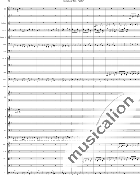 Mücher, Alwin: Sinfonie Nr. 3 "2000", 3. Satz: Tod ist der Ausweg - Chor>SATB+[Vl2]+[Fl+Ehn]+[Pk]+[Tb]+[Px]+Hf+[Ob+SxEs]+[Pos+TrpB]+[Fg]+[Kb+Vc+Vla]+[Klar]:28