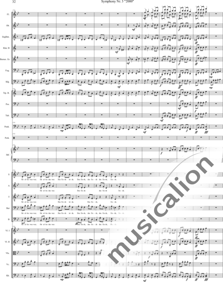 Mücher, Alwin: Sinfonie Nr. 3 "2000", 3. Satz: Tod ist der Ausweg - Chor>SATB+[Vl2]+[Fl+Ehn]+[Pk]+[Tb]+[Px]+Hf+[Ob+SxEs]+[Pos+TrpB]+[Fg]+[Kb+Vc+Vla]+[Klar]:32