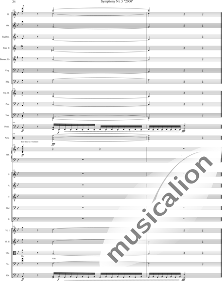 Mücher, Alwin: Sinfonie Nr. 3 "2000", 3. Satz: Tod ist der Ausweg - Chor>SATB+[Vl2]+[Fl+Ehn]+[Pk]+[Tb]+[Px]+Hf+[Ob+SxEs]+[Pos+TrpB]+[Fg]+[Kb+Vc+Vla]+[Klar]:34
