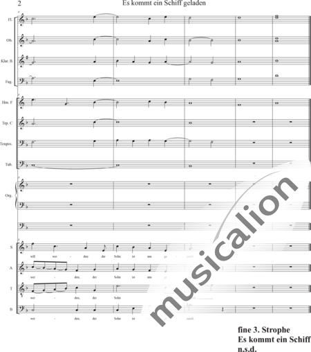 Anónimo, desconocido: A Ship is Coming, Laden - 3rd Verse: Brass Instruments - Solo>sop/alto/Ten/bajo+Coro>SATB/SA+[Fl. dul4]+[Vl2]+[Tb]+OrgcP+[Fl]+[Trb+Trp+Cr]+[Fg]+[Cb+Vc+Vla]+[Clar+Ob]:2