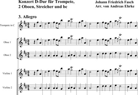 Fasch, Johann Friedrich: Konzert D-Dur für Trompete, 2 Oboen, Streicher und Bc - 3. Satz: Allegro - Trompete C+Ob2+[Vl2+Vla+Vc]+Org:0