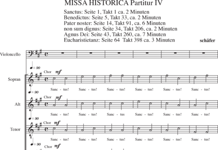 Schäfer, Martina: Missa historica, Sanctus - Solo>sop/alt/ten/bass+Choir>SATB+Vlc+Hp+Orgwp+Tmp:0