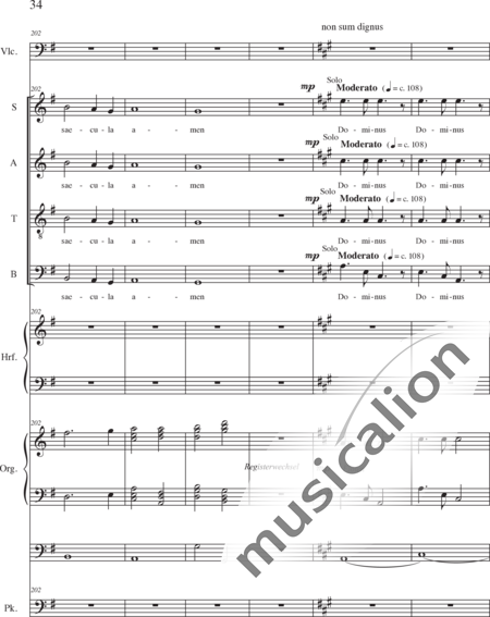 Schäfer, Martina: Missa historica, Sanctus - Solo>sop/alt/ten/bass+Choir>SATB+Vlc+Hp+Orgwp+Tmp:34